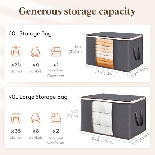Lifewit 8 Pack 60L Clothes Storage Bins with Lids, Foldable Blanket Storage Bags with Zippers, Clear Window and Reinforced Handles, Closet and Organization for Clothing, Sweater, Comforter, Bedding - Image 2