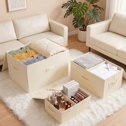 2 Pack Large Storage Boxes with Lids and Handles, Collapsible Linen Storage Bins Organizer Containers Baskets Cube with Removable Divider for Home Bedroom Closet Office (Cream, XL) - Image 3