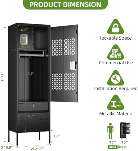 SUPEER 72-Inch Metal Locker with Hanging Rod and Interior Box, Black - Image 3