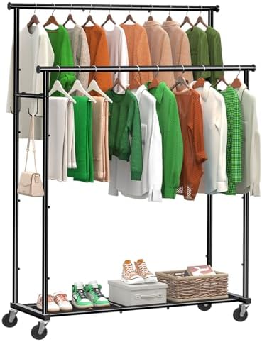Ekisemio Double Rods Clothes Rack with Wheels Load 400 LBS, 45 Inch Rolling Clothing Rack for Hanging Clothes, Heavy Duty Garment Rack with Shelves, Metal Portable Closet, Black by Ekisemio