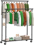 Ekisemio Double Rods Clothes Rack with Wheels Load 400 LBS, 45 Inch Rolling Clothing Rack for Hanging Clothes, Heavy Duty Garment Rack with Shelves, Metal Portable Closet, Black by Ekisemio