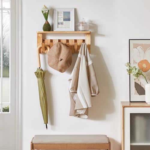 Piano Key Coat Rack Wall Mount with Shelf and 12 Hooks, Natural HWS008N-2 - Image 2