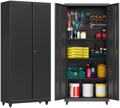 71''H Garage Storage Cabinet with Wheels, Meatl Storage Cabinet with Lock by Yoonkool