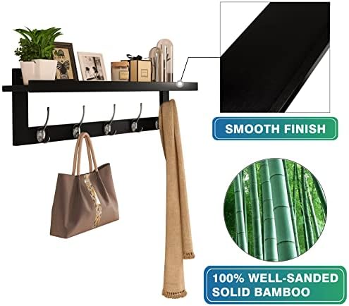 SMIBUY Coat Hooks with Shelf Wall-Mounted, 29.2 Inch Entryway Coat Rack for Wall, Bamboo Hanging Shelf with 5 Double Metal Hooks for Bathroom, Bedroom, Kitchen, Living Room, Mudroom (Black+Silver) - Image 5