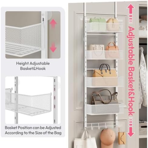 SWTYMIKI Over the Door Purse Organizer - Wall Mounted Purse Rack with 4 Adjustable Metal Basket and 6 Hooks, Hanging Bag Rack for Handbag Organizer, Bag Storage Can Use As 1/2 Part, for Door - Image 4