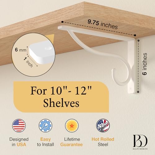Closet Rod Bracket, 10 Inch Hook Shelf Brackets Heavy Duty Wall Mounted, Black Closet Rod Support Brackets for Curtains, Hanging Hook Kitchen, Garage Shelf Supports (4 Pack) (White, 10 Inch) - Image 2