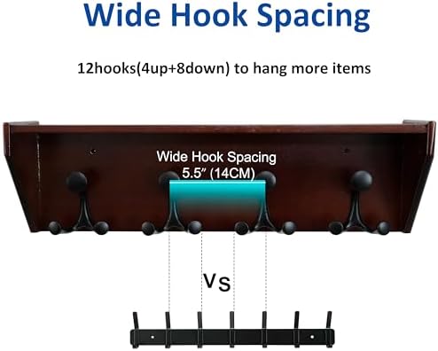 WEBI Wall Shelf with Hooks Underneath,24" Long Wall Mounted Coat Rack with Shelf,Entryway Coat Rack with 4 Triple Hooks for Hanging Coats,Jacket,Hallway,Bedroom,Mudroom,Cherry - Image 3