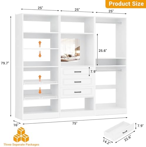 Unikito 75" Modular Closet System with 3 Sets, Mirror & Drawers, White - Image 7