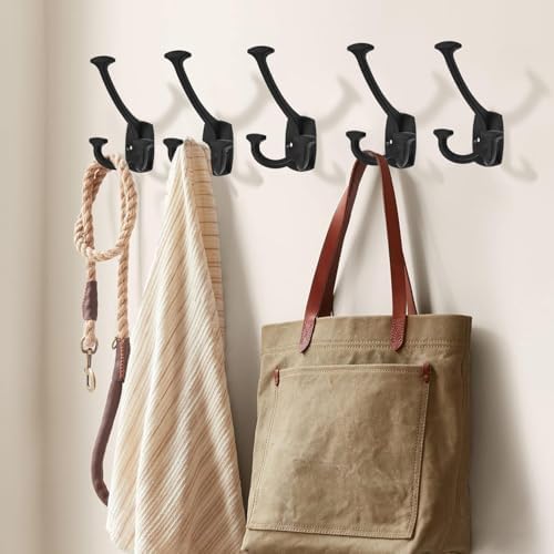 Large Wall Double-Sided Hook 10 Pack Matte Black Hook Decorative Heavy Duty Solid Large Coat Hooks for Towel Hanging Coats Robe Triple Coat Hook Three Prong Hook - Image 5