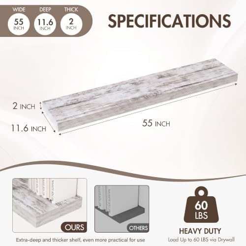 Acovy 55 Inch Floating Shelves, 12" Deep Floating Shelf Wall Mounted, 55" Wall Shelves, Rustic Deep Bookshelf, Extra Deeper & Thicker Display Shelves for Bedroom, Living Room, Set of 1 - Image 3