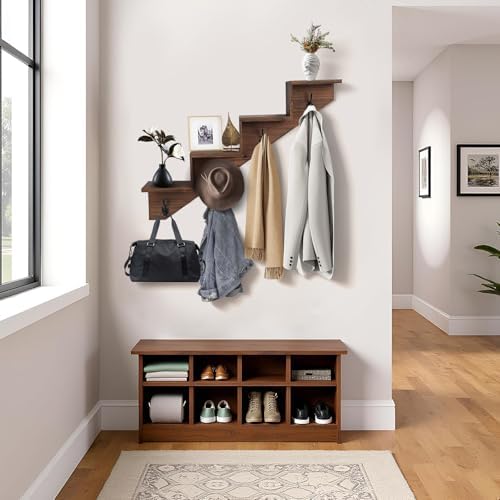 Hookmous Coat Rack Wall Mount with Shelf, Brown Wall Shelf with Hooks, Sturdy​​ Wooden Rise Staircase Shelves, Space-Saving Decorative Organizer for Entryway, Mudroom, Hallway, Living Room, Bedroom - Image 6