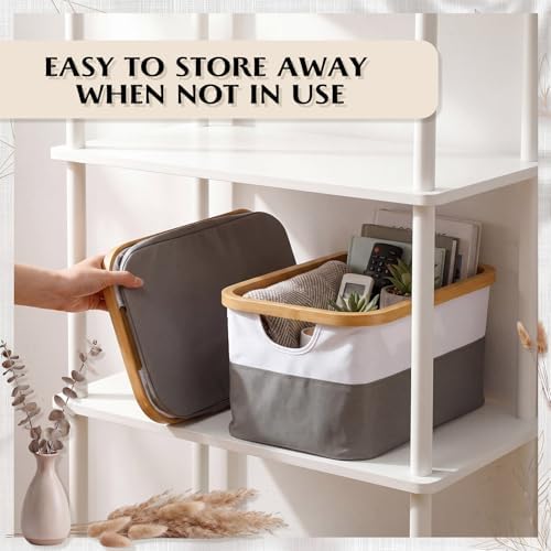 Hushee 4 Pack Bamboo Fabric Storage Bins for Shelves, 15"x10"x7.9" Collapsible Storage Baskets for Organizing, Two-Tone Foldable Bins for Clothes, Towels, Linens(White with Grey) - Image 5