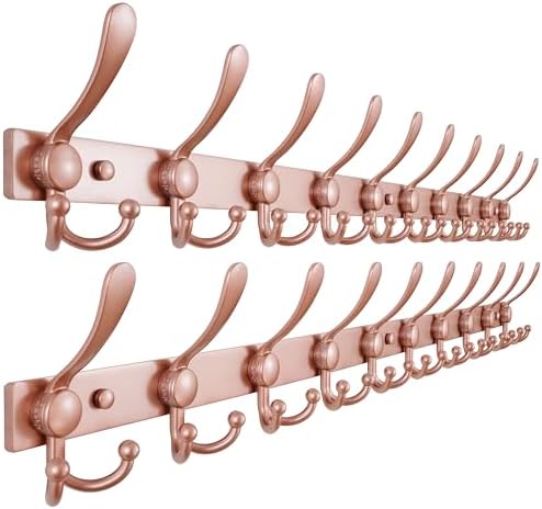 Dseap Coat Rack Wall Mount 37”, Heavy Duty 12-Gauge Base vs Flimsy 1mm, Double-Thick Anti-Snap Hooks, 16” Stud-Mount, Stainless Steel 10-Hook Hanger for Closet Entryway, Rose Gold, Pack of 2 by Dseap