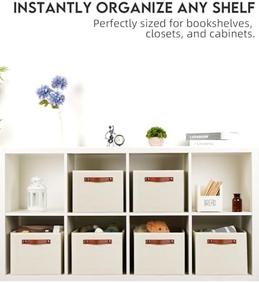 [6-Pack] Fabric Storage Bins Reinforced 2.5mm Cardboard Shelf Bins with PU Leather Handles (15x11x9.5 ) Durable Storage Baskets for Closet Organization, Toy Organizer, & Home Office Beige - Image 4