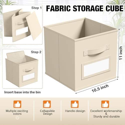 Teenyyou 10 Pack Fabric Storage Cubes 11 Inch Collapsible Cube Bins with Label Window & Handle Foldable Organizers Baskets for Shelf Closet Nursery Kids Room Clothes Book Toy(Beige) - Image 3