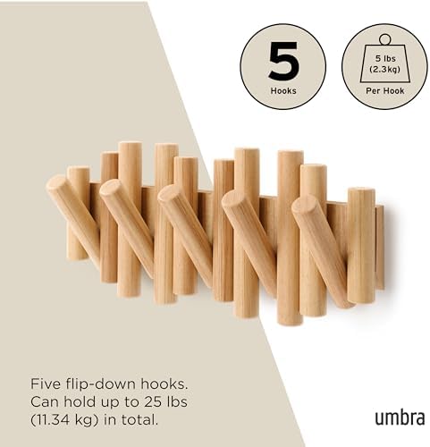 Umbra Picket Coat Rack, Wall Mount 5 Flip-Down Coat Hooks, Natural - Image 5