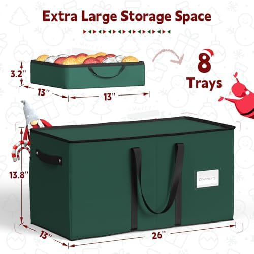 Sunvigor Christmas Ornament Storage Box with 8 Trays, Fits 128 Holiday Ornament Christmas Storage Container with Adjustable Dividers, Dual Zipper, 600D Oxford Christmas Decorations Storage(Deep Green) - Image 6