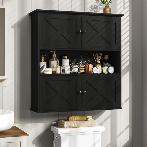 Vabches Bathroom Wall Cabinet, Farmhouse Medicine Cabinet with 4 Barn Doors, Large Wooden Vintage Storage Cabinet Wall Mounted for Bathroom, Kitchen, Black by Vabches