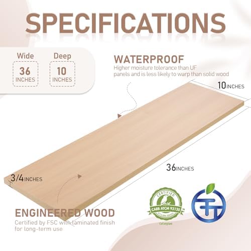 Kaboon 36 inch Long 10 inch Deep Floating Shelves for Wall Set of 2, Large Open Shelves Wall Mounted, Space Saving Home and Commercial Use, Light Walnut - Image 4