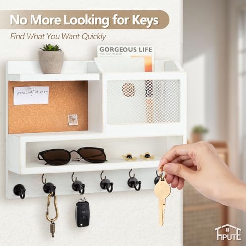 Key Holder for Wall with Mail Organizer,Farmhouse Mail and Key Holder for Wall,Key Hanger with ‌Metal 11 Hooks,Corkboard,and Shelf,Decorative Natural Pine Wood Entryway Organizer,14.6*11.1*3.3”,White - Image 6
