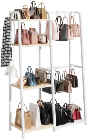 HavenlyYouth Purse Storage Organizer for Closet, 4-Tier Iron Wood Purse Rack, 8 Purse Hooks & 2 Side Hooks for Bag Organizer, Large Capacity Handbag Storage Rack for Home, Living Room, White by HAVENLYYOUTH