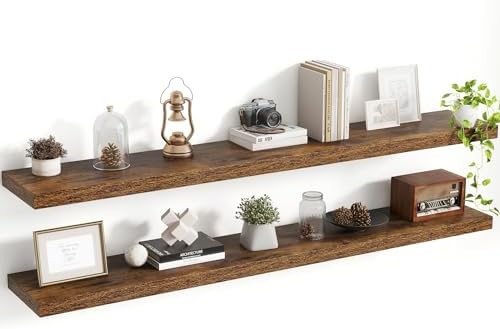 Acovy 55 Inch Floating Shelves, 8 Inch Deep Floating Shelves for Wall, Hanging Shelf with Invisible Brackets, Deep Shelves for Bathroom, Bedroom, Living Room, Brown, Set of 2 by Acovy