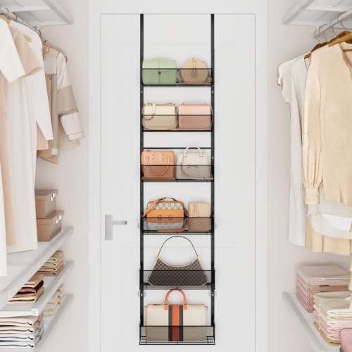 SWTYMIKI Over The Door Purse Organizer - Wall Mounted Purse Rack with 6 Adjustable Metal Basket, Hanging Bag Rack for Handbag Organizer, Bag Storage Can Use As 1/2 Part, for Door - Image 2