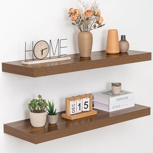 Acovy 36 Inch Floating Shelves, 12" Deep Floating Shelf Wall Mounted, 36" Wall Shelves, Rustic Deep Bookshelf, Extra Deeper & Thicker Display Shelves for Bedroom, Living Room, Walnut, Set of 2 by Acovy