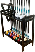 Pool Stick Holder Floor Stand Holds 9 Cues & Pool Table Accessories. Wooden 2-Tier Cue Stick Storage with Ball Rack Hangers, Billiard Cone Chalk Holder or Drink Pads by GACCOBILLIARDS