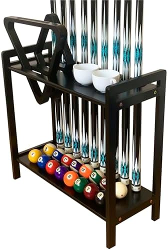 Pool Stick Holder Floor Stand Holds 9 Cues & Pool Table Accessories. Wooden 2-Tier Cue Stick Storage with Ball Rack Hangers, Billiard Cone Chalk Holder or Drink Pads by GACCOBILLIARDS