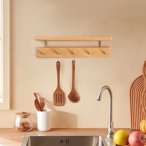 Solid Wood Shelf with Hooks, 15 inch Coat Rack Wall Mount, Shelves with 5 Brass Hooks for Hanging in Entryway, Living Room, Bathroom, Bedroom, Kitchen(Beechwood) - Image 2