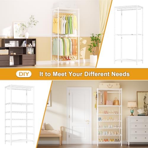 Ulif E13 Heavy Duty Clothes Rack（With 4 Hanger Rods & 8 Shelves） Freestanding Clothing Racks for Hanging Clothes，Adjustable Closet Organizer，Metal Garment Rack 63" W x16 D x77 H，Max Load 900LBS，White - Image 5
