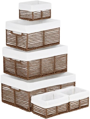 Vagusicc Wicker Storage Basket, 6 Pack Baskets for Organizing, Wicker Baskets with Handle, Rectangular Woven Basket for Storage Shelves, Cube Storage Bins for Closet/Clothes/Dresser, Brown by Vagusicc