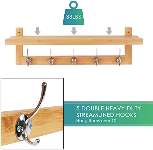 SMIBUY Coat Hooks with Shelf Wall-Mounted, 29.2 Inch Entryway Coat Rack for Wall, Bamboo Hanging Shelf with 5 Double Metal Hooks for Bathroom, Bedroom, Kitchen, Living Room, Mudroom (Natural) - Image 6