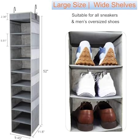2 Pack Large-Sized Hanging Shoe Organizer 10-Shelf, Sturdy Hanging Closet Organizer with 8 Side Pockets, Wider Hanging Shelves for Storage Shoes Clothes Jeans Shirts Toys, Grey. - Image 2