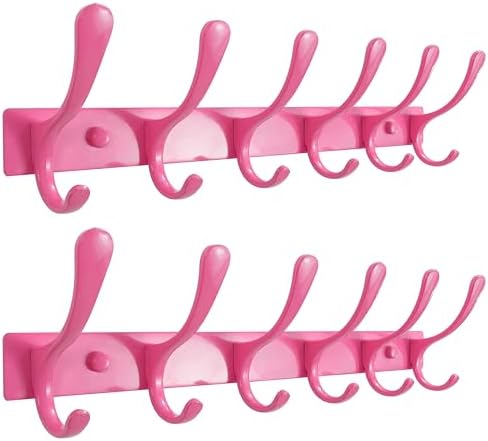 SKOLOO Wall Mounted Coat Rack - 6 Hooks, Pack of 2, Heavy Duty, Stainless Steel, Metal Wall Hanger, Sturdy Coat Hooks for Hanging Coats, Jackets, Clothes, Hats - Pink by SKOLOO