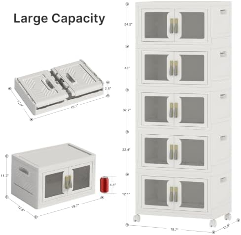 UAMFURI Stackable Storage Bins with Lids, Clear Doors, Large Storage Cabinet Foldable Collapsible Closet Organizers for Bedroom Dorm Office (5, White, 48, Quarts) - Image 2