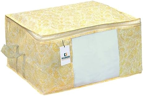Kuber Industries Foldable Underbed Storage Bag|Organizer For Clothes Large|Non-Woven Comforter, Blanket Cover|Metalic Print & Side Handle|Pack of 12 (Yellow & Cream) - Image 2