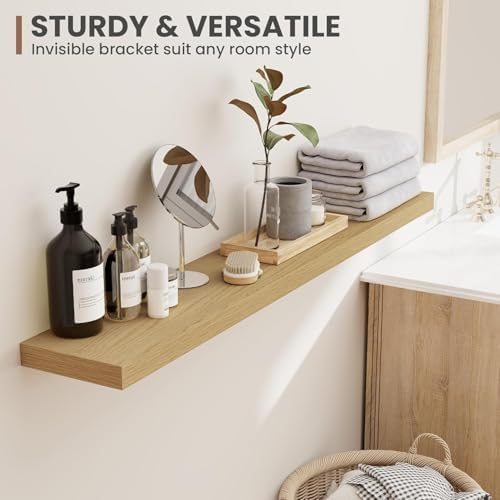 Acovy 72 Inch Floating Shelves, 8 Inch Deep Floating Shelves for Wall, Hanging Shelf with Invisible Brackets, Deep Shelves for Bathroom, Bedroom, Living Room, Oak, Set of 2 - Image 7