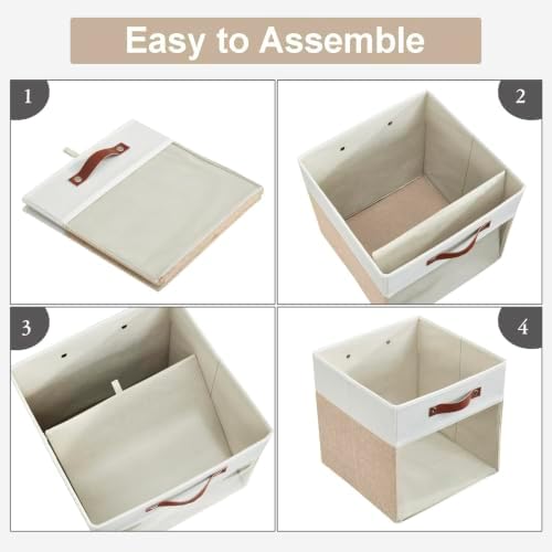 Bagnizer Storage Cubes, 4 Pack Linen Foldable Storage Bins (13 x 13 inch) with Clear Window and Handles, Fabric Organizer for Shelf Closet, Clothes, Books - (Beige and White) - Image 3