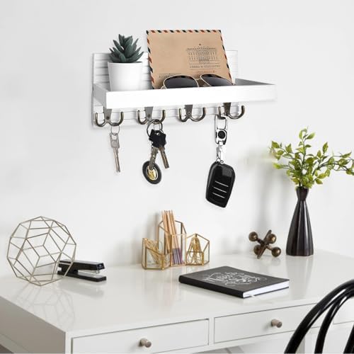Key Holder for Wall, Wooden Key Hooks Wall Mounted with 8 Hooks, Rack with Storage Shelf for Mail, Phone, Small Decor, Ideal for Entryway, Office, Hallway, White - Image 5