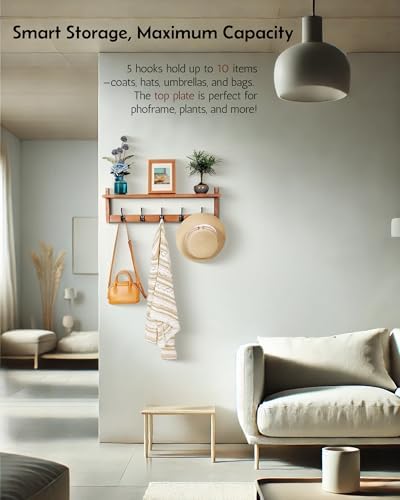Coat Rack Wall Mount with Shelf, 26IN Wooden Coat Hanger Hooks Wall Mount with 5 Metal Hooks, Hanging Shelf with Hooks, Wood - Image 3