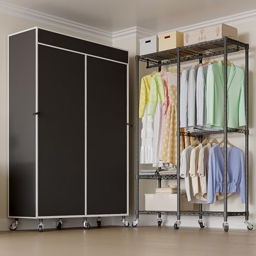 Higeego H9 Garment Rack with Cover, Heavy Duty Clothing Rack for Hanging Clothes, Portable Closet with wheels, Wardrobe Closet with Adjustable Shelves, Black Rack Shelf with Black Fabric Cover - Image 2