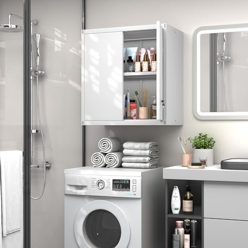 GREATMEET Metal Wall Cabinet, Wall Mounted Storage Cabinet with Lock for Garage Storage, White Floating Cabinet with Doors and Adjustable Shelf for Utility Room - Image 6