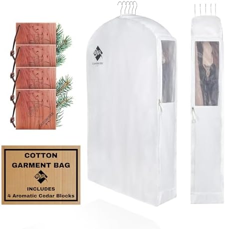 Premium 40” Short Cotton Garment Bag For Hanging Clothes And Storage | Wide 6” Gusset & 4 Cedar Blocks For Fresh Smell And Moth Protection | Best For Suits, Fur Coats, Leather Jackets, Sweaters. by Cashmere+Kiwi