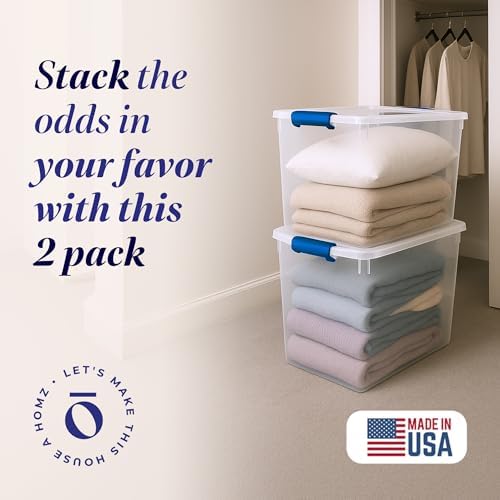 HOMZ Clear Plastic Storage Bins w/Latching Lid, 112 Qt, Blue Latch, 2 Pack - Image 2