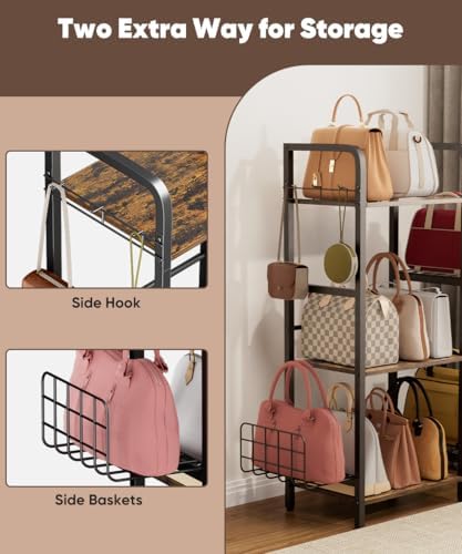 3-Tier Purse Organizer Rack, Iron & Wood Floor-Standing Bag Storage Holder with Adjustable Side Basket and Hook Handbag Organizers Display Stand Shelf for Closet, Bedroom, Entryway, Black - Image 3