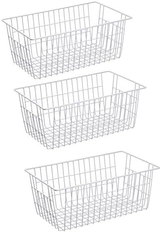 Slideep Farmhouse Metal Wire Basket, Fridge Freezer Storage Organizer Bins with Handles for Kitchen Cabinets, Pantry, Closets, Bedrooms, Bathrooms, White 3 Pack by WelcometotheSlideep