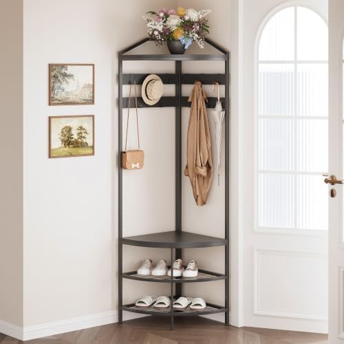 GiftGo Corner Hall Tree with Shoe Bench Entryway Coat Rack with 10 Metal Movable Hooks Freestanding Clothes Rack Shoes Shelf Organizer for Home Office Bedroom (Black) - Image 2