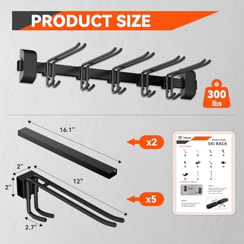 32" Ski & Snowboard Wall Rack – Heavy-Duty Wall Mounted Ski Storage for Garage, Holds 10 Pairs with 5 Adjustable Hooks, 300lbs Capacity, Non-Slip Rubber, Easy Install | Ski Holders for Wall (5) - Image 4